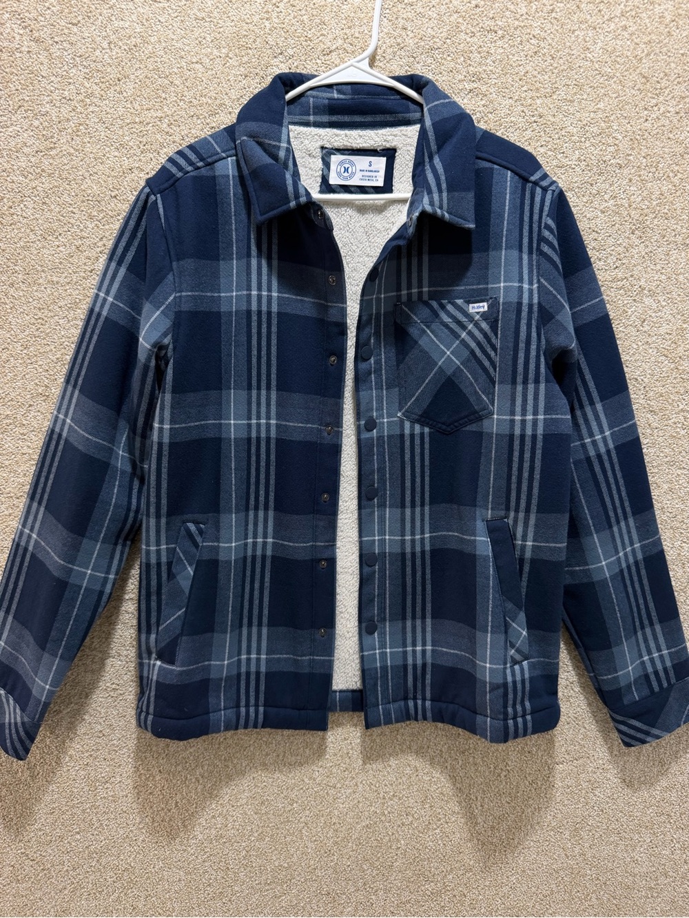 NWT plaid sherpa flannel blue snap button up pockets workwear country preppy S